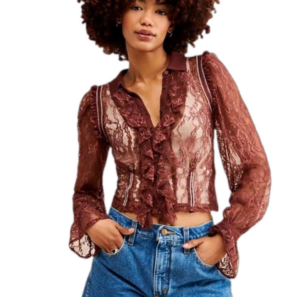 Free people lace button front blouse cardigan with ruffle bodice